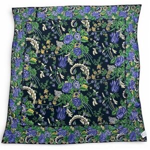 Vintage April Cornell Floral Tablecloth Black Purple Green 47x48